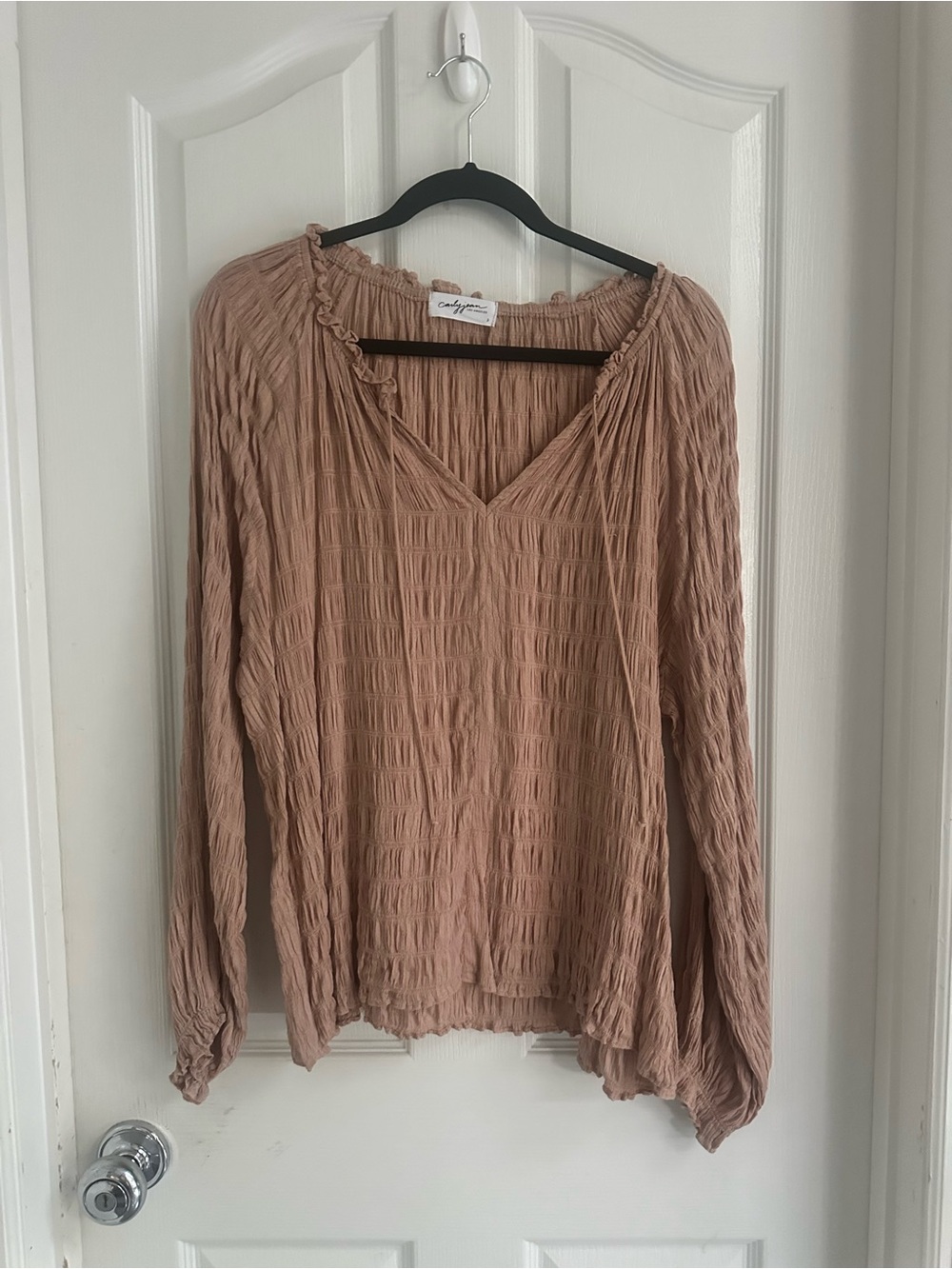 Carly Jean Los Angeles CJLA Crinkled V-Neck Long Sleeve Top in Dusty Rose